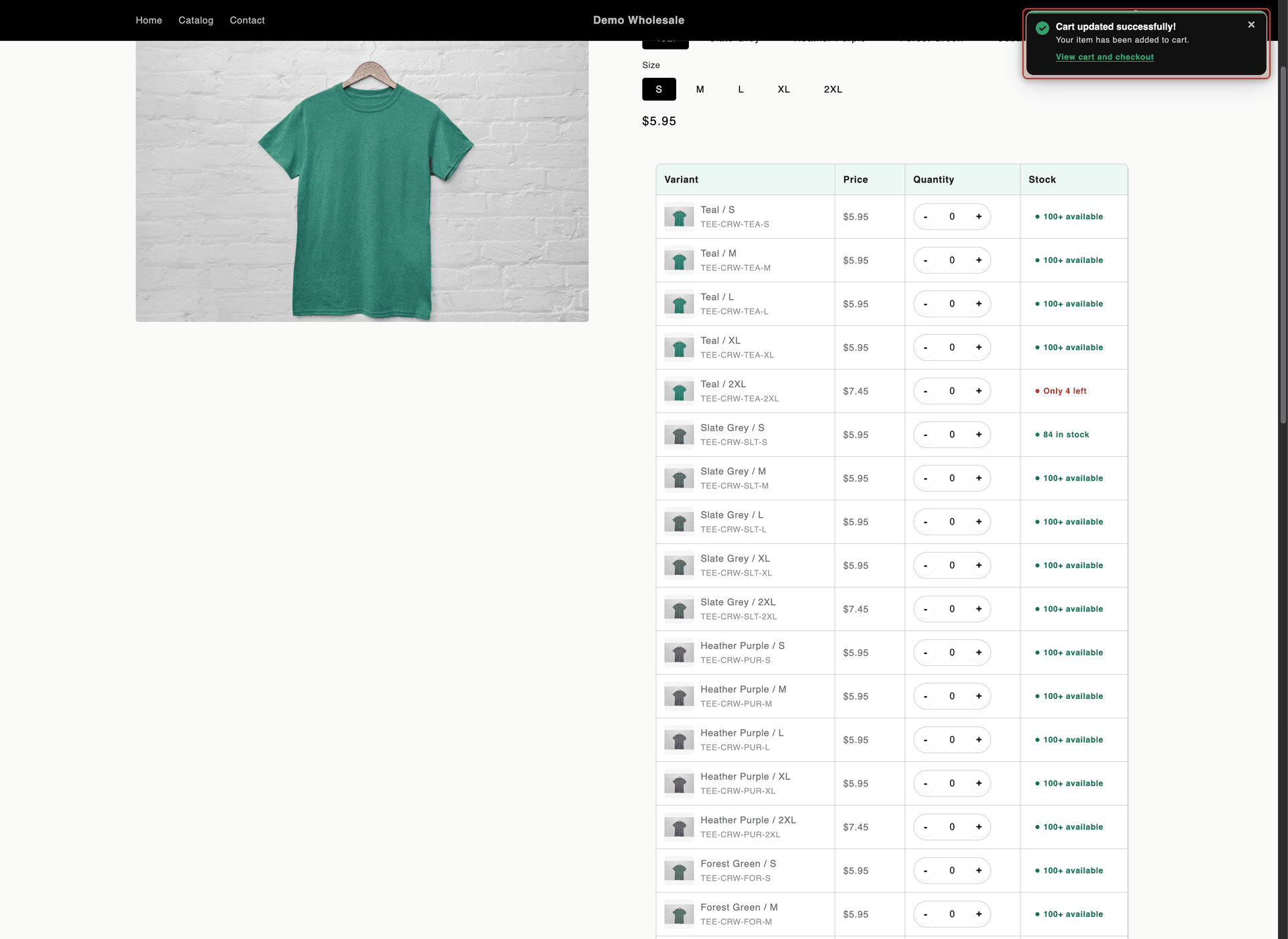 Storefront product page for Classic Crew Tee with a success toast in the top-right corner reading Cart updated successfully!, Your item has been added to cart. and View cart and checkout, after adding variants from the Variant Table
