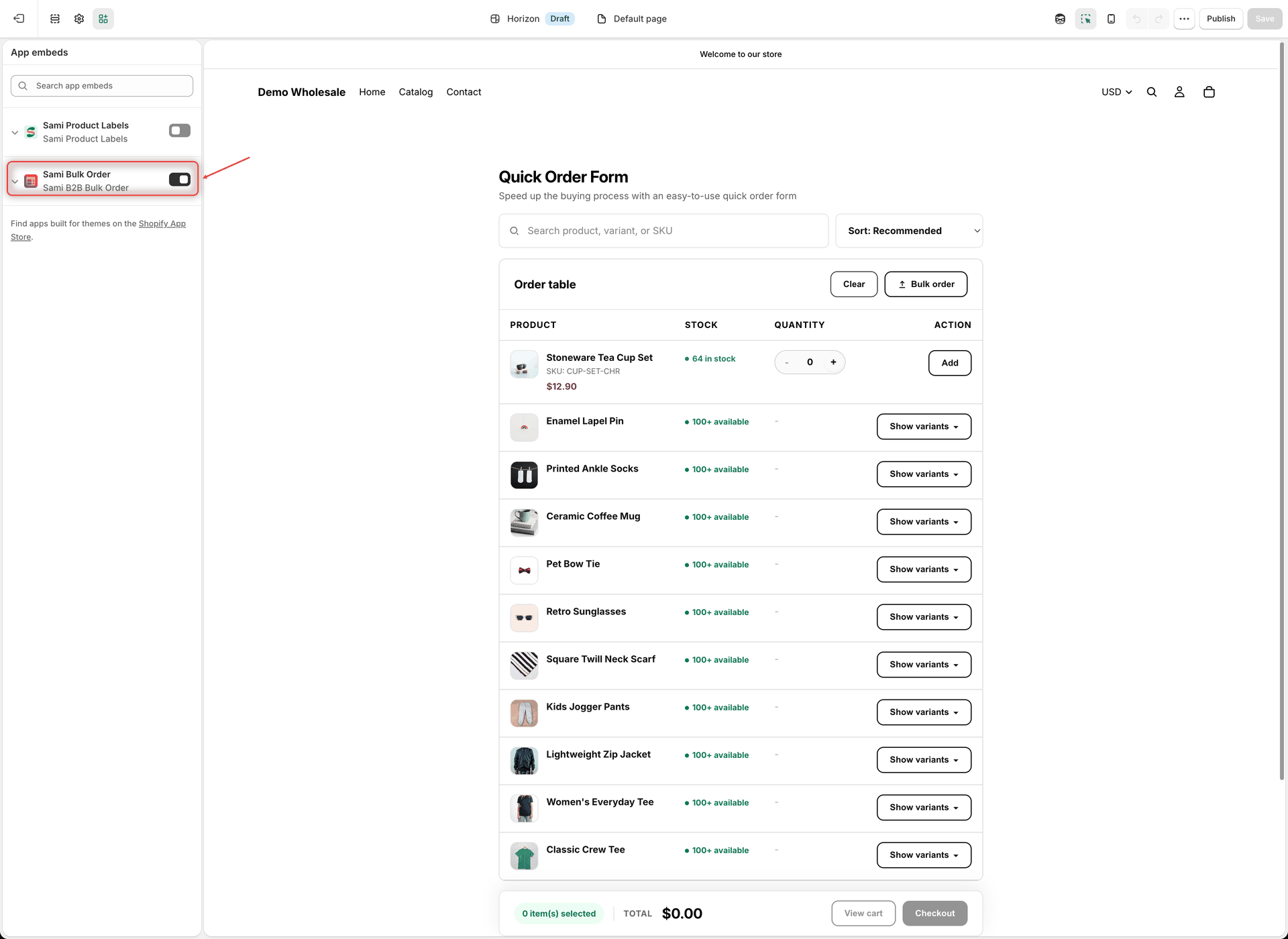 Shopify theme editor with the App embeds panel open and the Globo Bulk Order toggle turned on