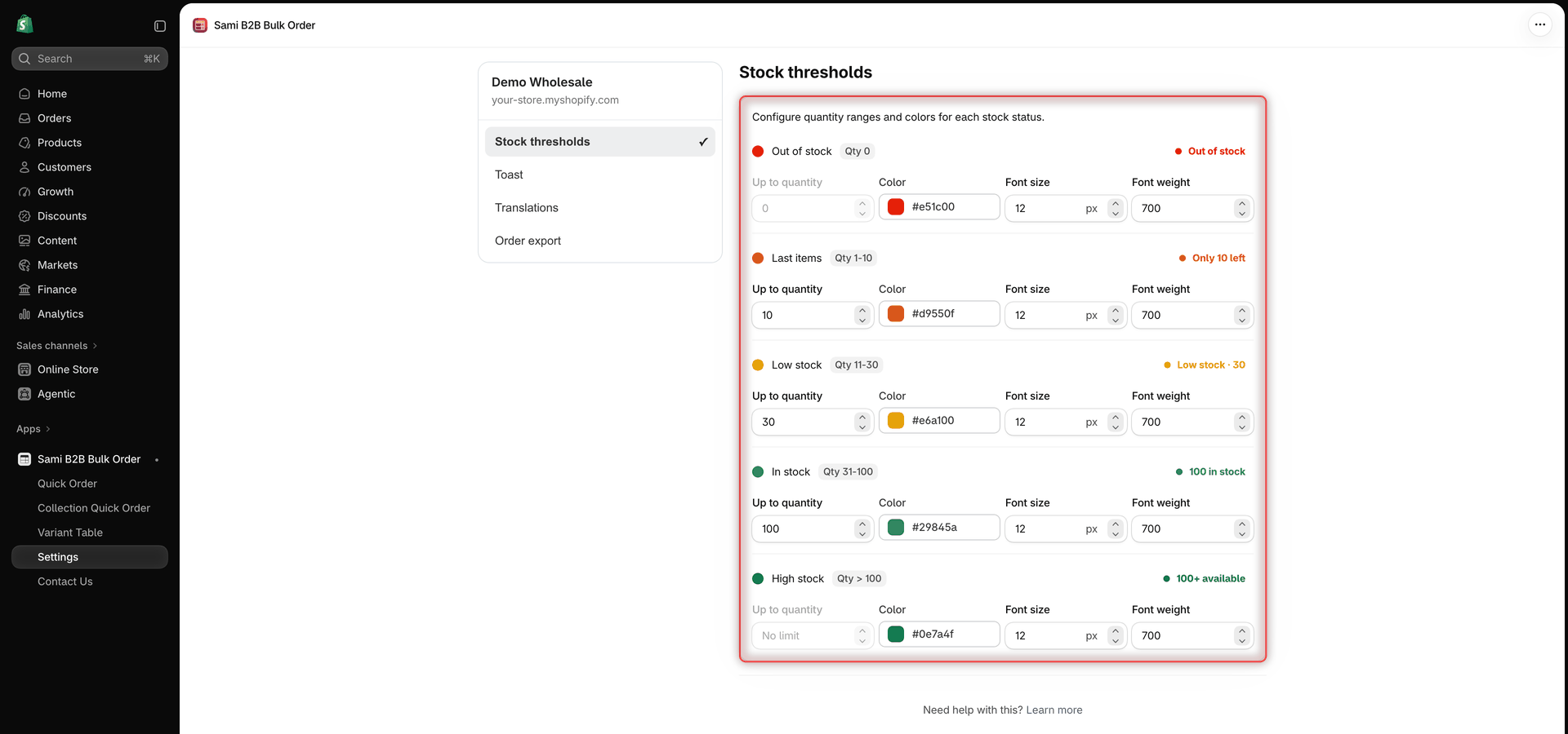 Settings, Stock thresholds page with five status cards from Out of stock to High stock, each with a Qty range badge, a label preview and the Up to quantity, Color, Font size and Font weight fields
