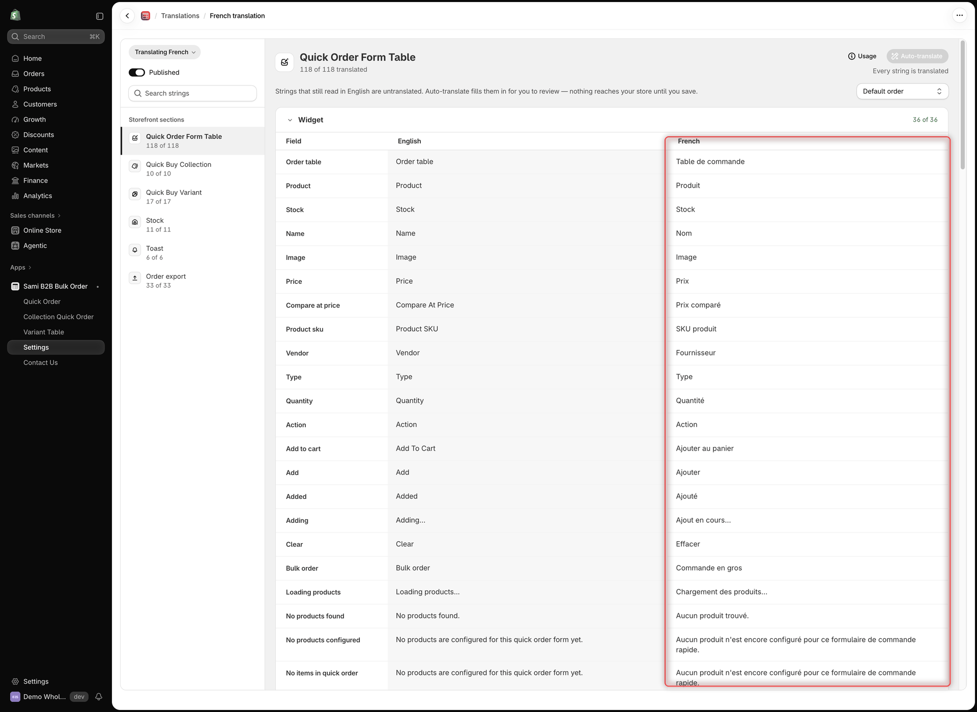French translation editor with the language button, Published switch, Search strings box and Storefront sections list on the left, and the Widget group of Quick Order Form Table with its Field, English and French columns filled in on the right