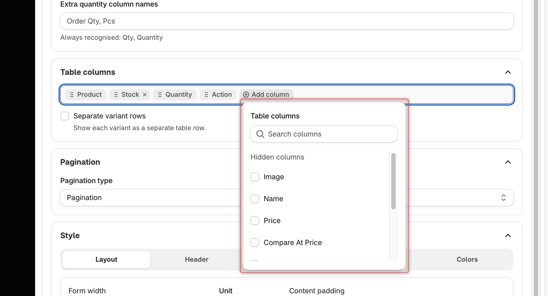 Table columns section with the Product, Stock, Quantity and Action chips and the Add column popover open, listing Image, Name, Price and the other hidden columns