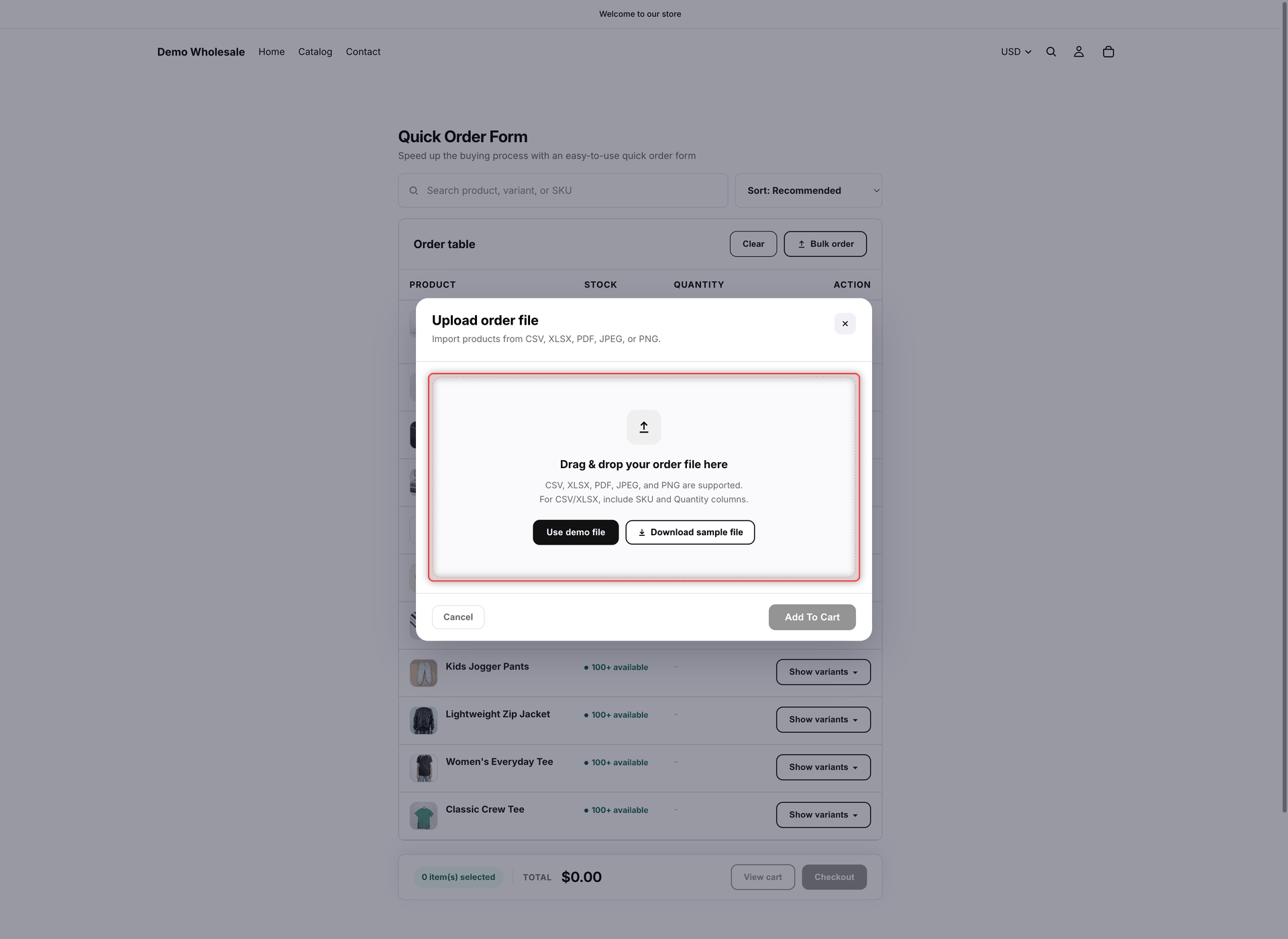 Storefront Upload order file window with the Drag & drop your order file here area and the Use demo file and Download sample file buttons