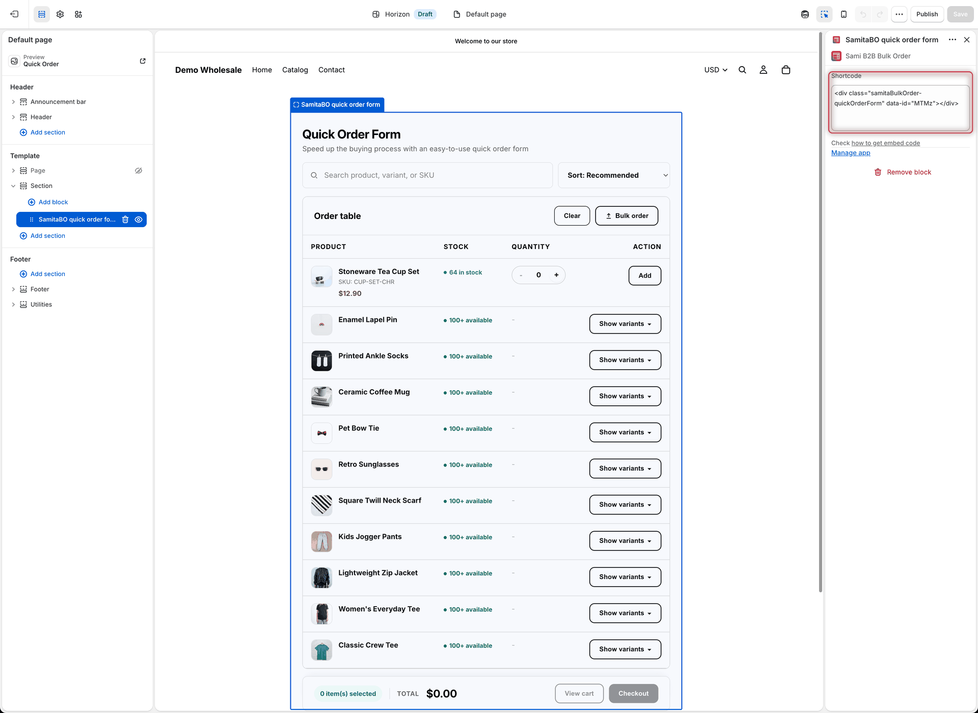Shopify theme editor with the GloboBO quick order form block selected and the form's embed code pasted into its Shortcode setting