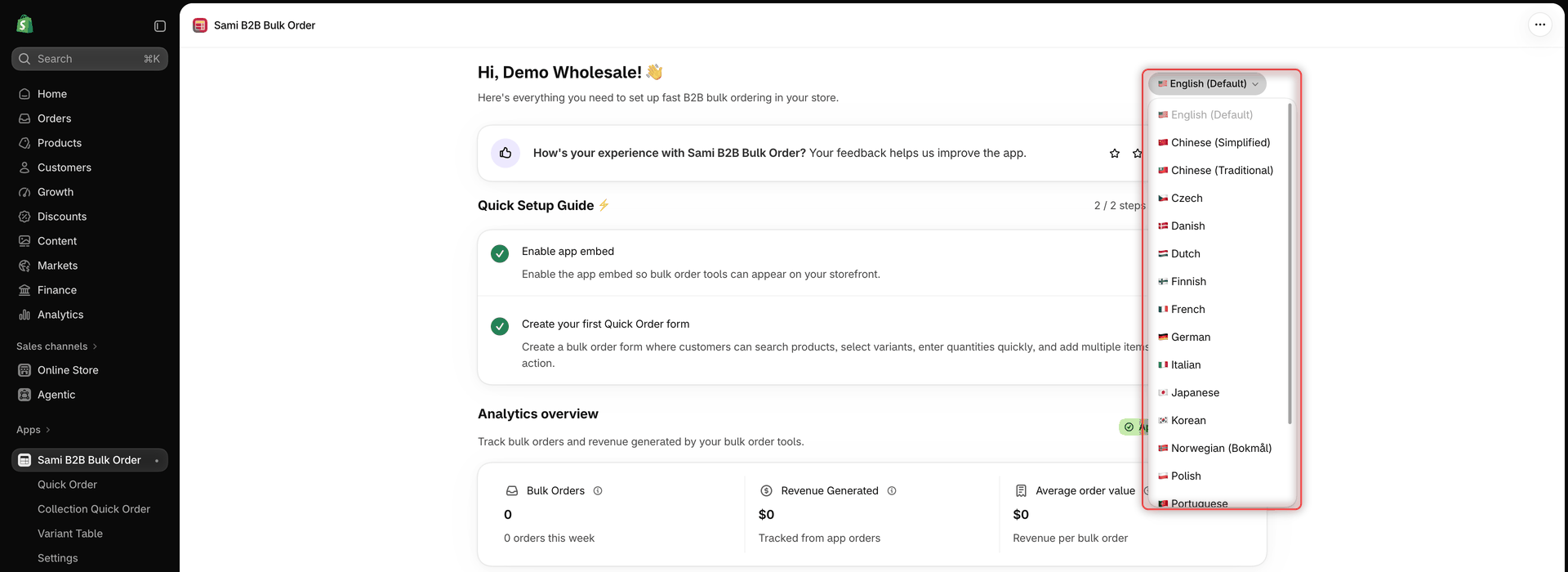 Dashboard language menu open below the English (Default) button, listing languages such as Chinese (Simplified), Czech, Danish and Dutch