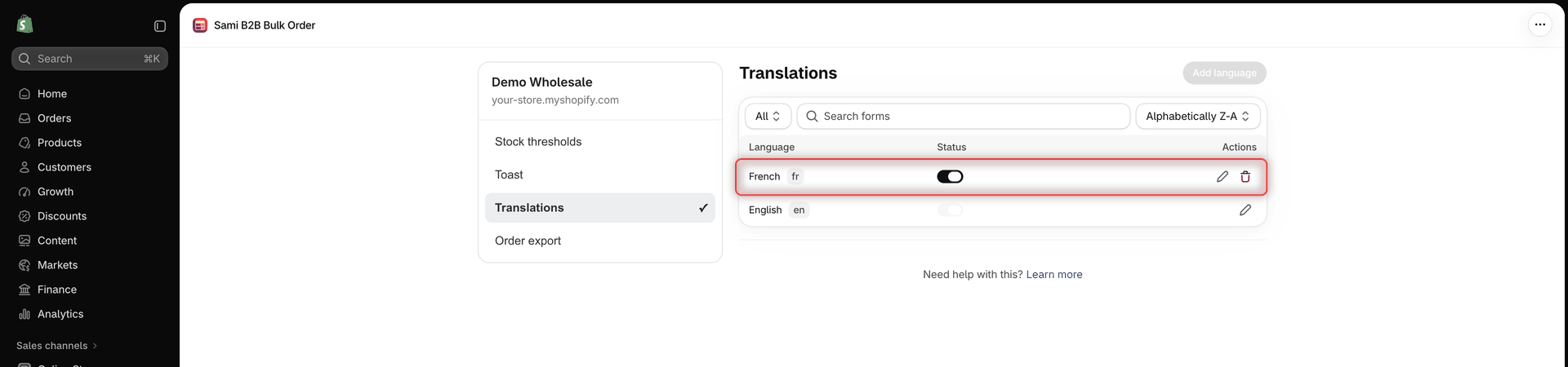 Translations list with French and English rows, each with a Status switch and a pencil icon in the Actions column, and a trash icon only on the French row