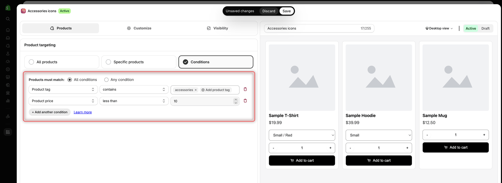 Product targeting tab of a Collection Quick Order with Conditions selected, All conditions chosen, and two rules: Product tag contains accessories, and Product price less than 10