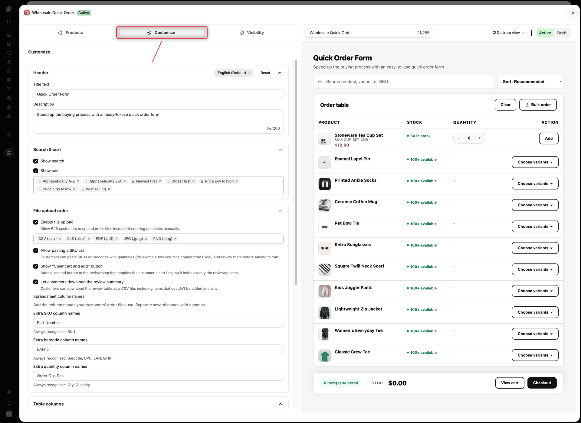 Quick Order form editor with the Customize tab selected in the left sidebar, showing the Header and Search & sort sections next to the live preview of the form