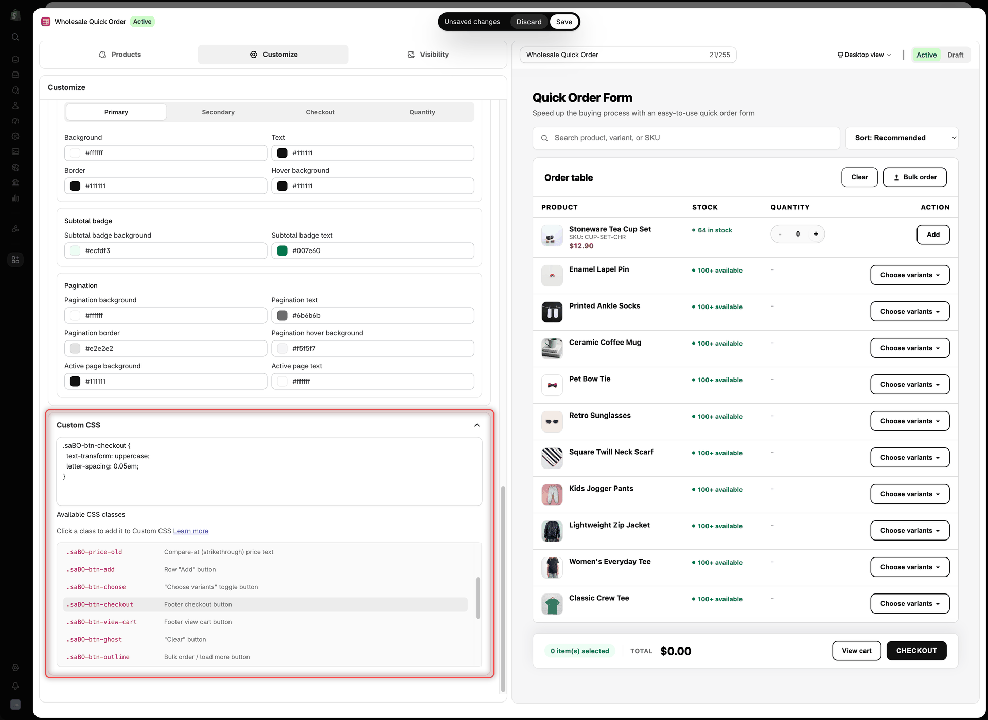 Custom CSS section of a Quick Order form open on the Customize tab, with a rule for .saBO-btn-checkout in the box and the Available CSS classes list below it