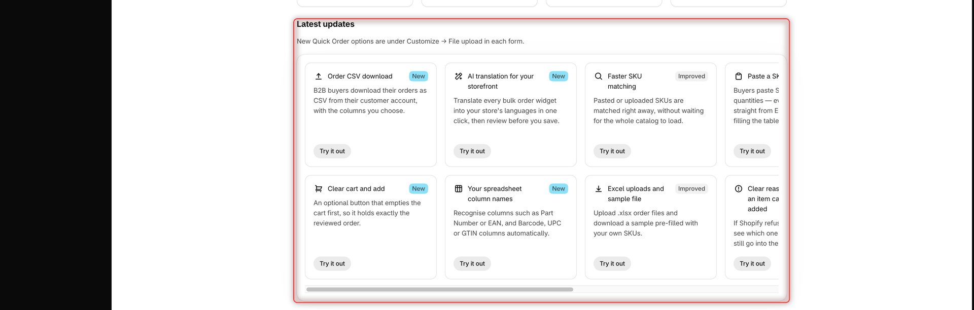 Dashboard Latest updates section with update cards such as Order CSV download and AI translation for your storefront, each with a New badge and a Try it out button