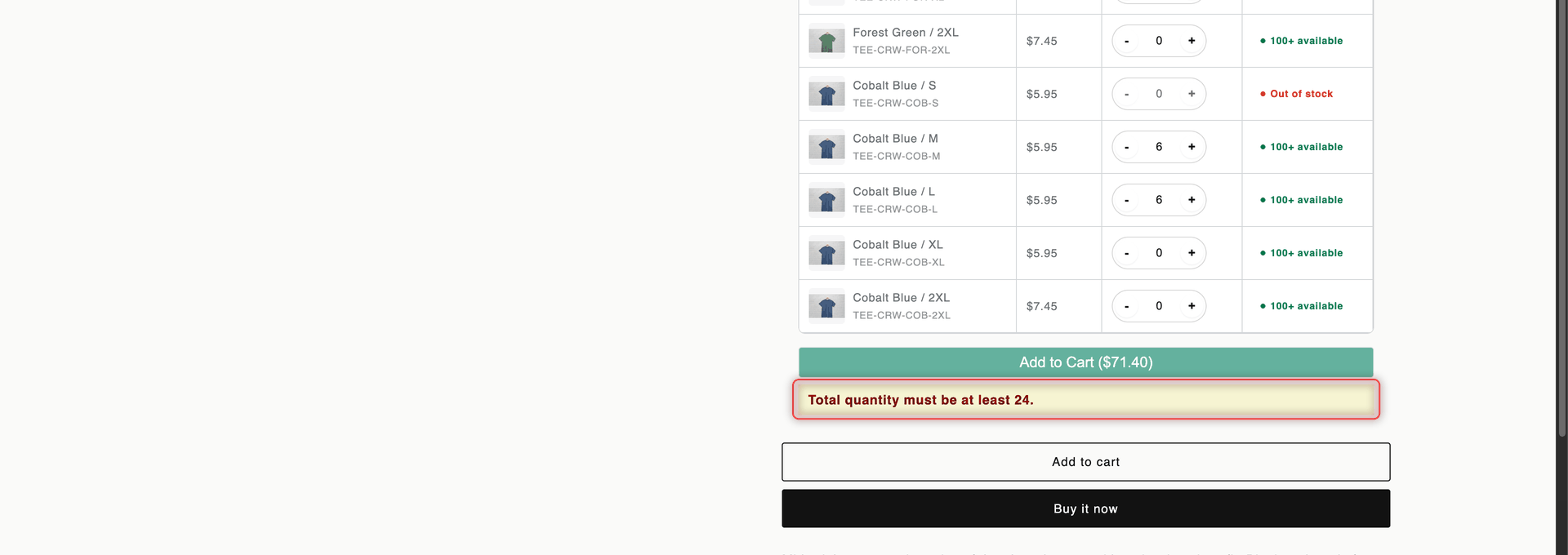 Classic Crew Tee Variant Table with quantities in two Cobalt Blue rows, a disabled Add to Cart ($71.40) button and the message Total quantity must be at least 24. below it