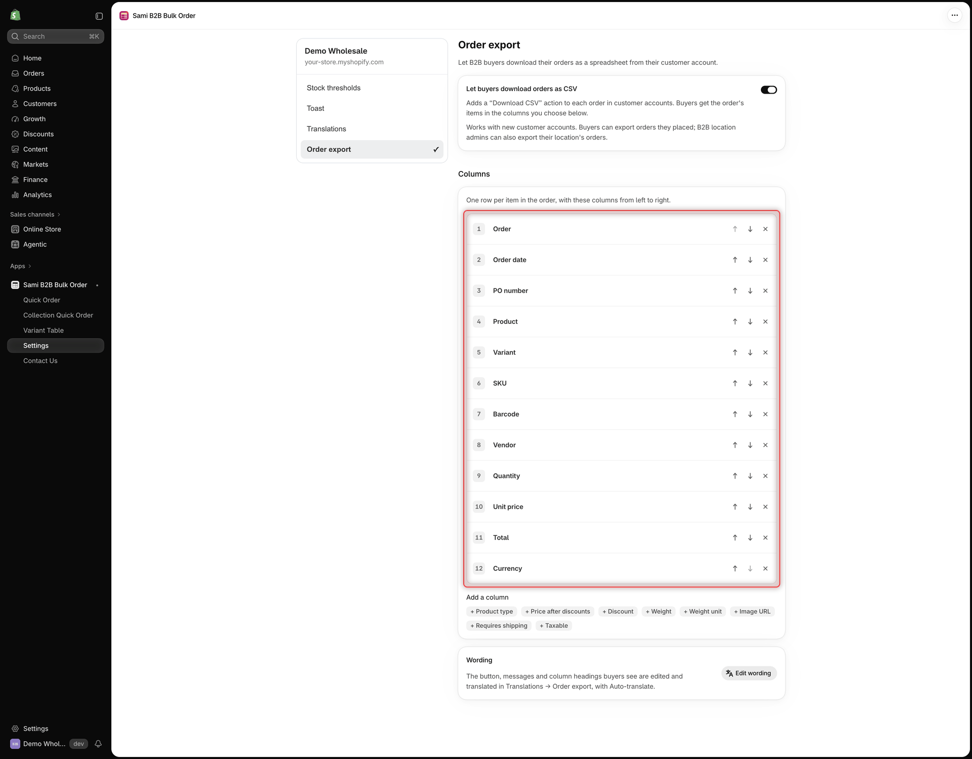 Settings, Order export page with Let buyers download orders as CSV turned on, the Columns list numbered 1 to 12 from Order to Currency with up, down and remove buttons, the Add a column chips such as + Product type and + Weight, and the Wording section with the Edit wording button