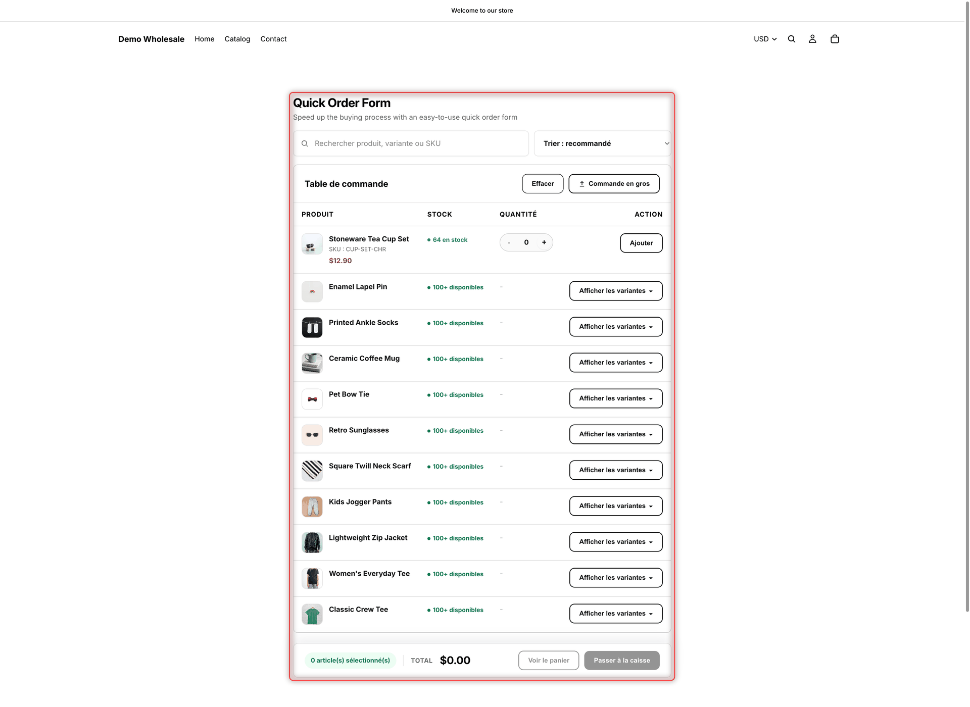 Quick Order form on the storefront with its column headers, search box, sort menu and buttons shown in French