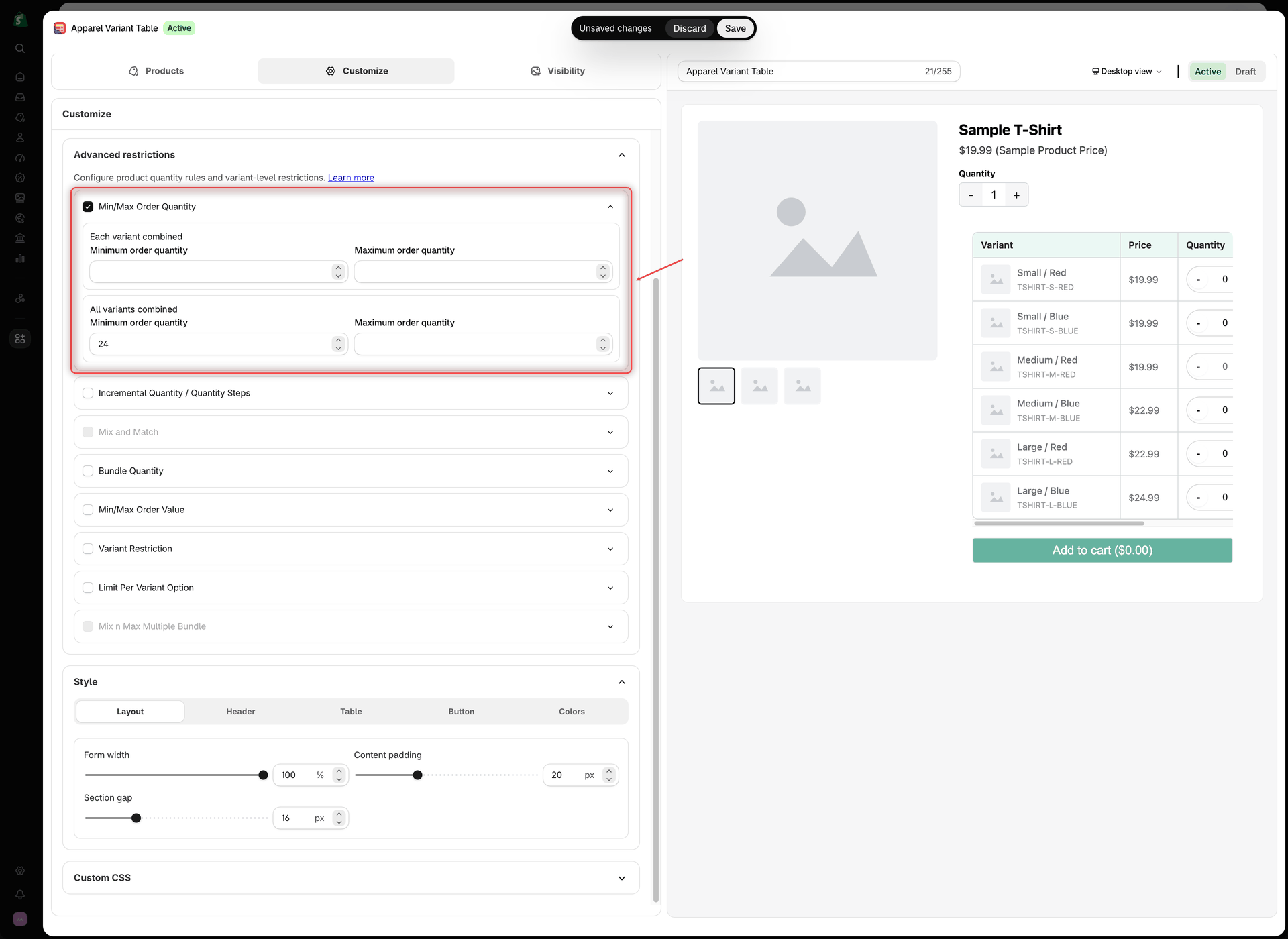 Variant Table builder on the Customize tab with Min/Max Order Quantity ticked and expanded, and Minimum order quantity set to 24 under All variants combined