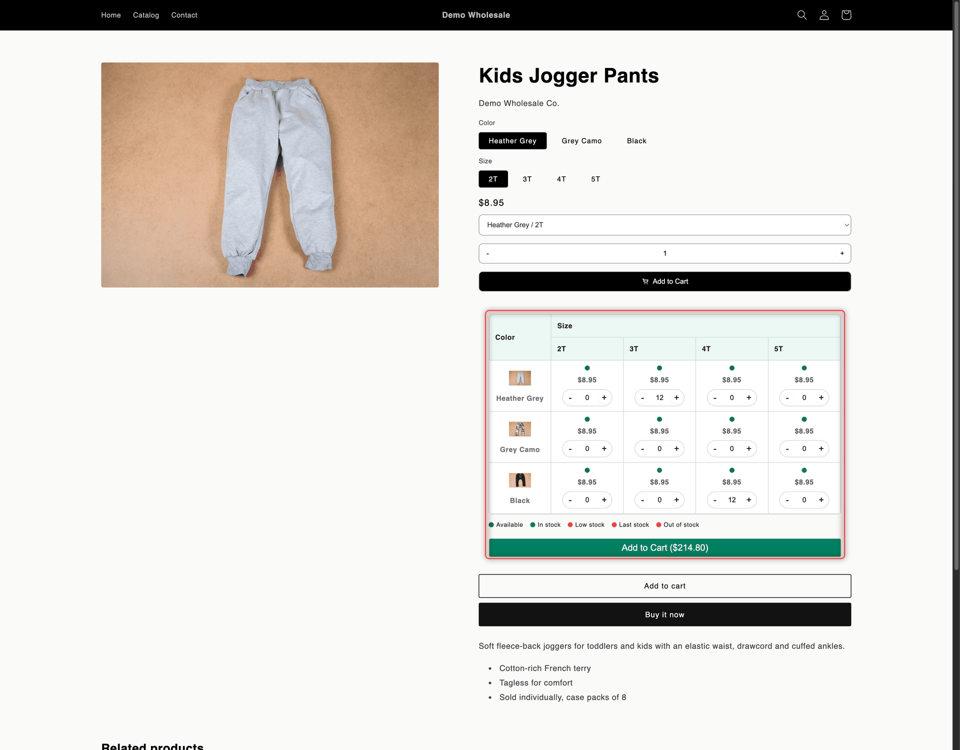 Kids Jogger Pants product page with a Variant Table in the Matrix column layout: colors as rows, sizes 2T to 5T as columns, a quantity stepper in each cell, a stock legend and an Add to Cart button with the total