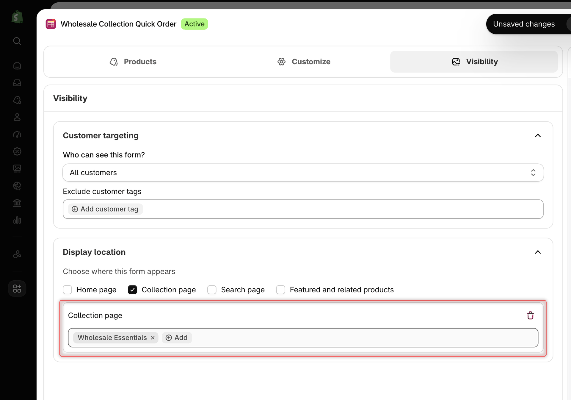Collection Quick Order builder on the Visibility tab with Collection page ticked under Display location and the Wholesale Essentials collection added