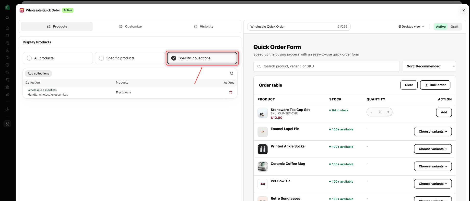 Quick Order form editor with the Products tab open, Specific collections selected and the Wholesale Essentials collection in the list, next to the live preview of the form