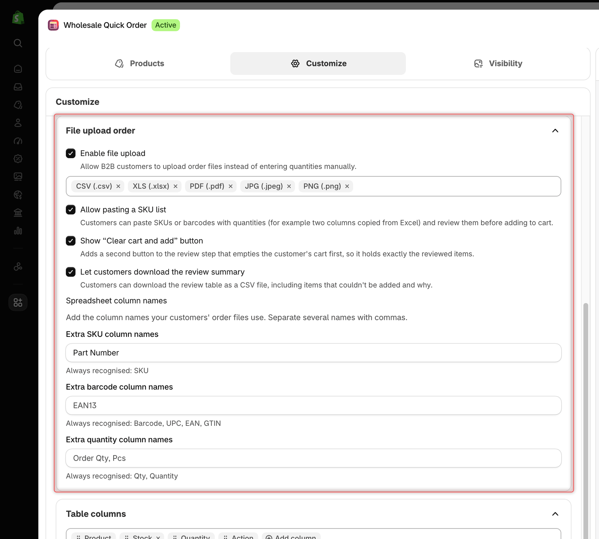 Quick Order form editor, Customize tab, File upload order section with Enable file upload, Allow pasting a SKU list and both review options selected, the CSV, XLS, PDF, JPG and PNG file type chips, and Part Number entered as an extra SKU column name
