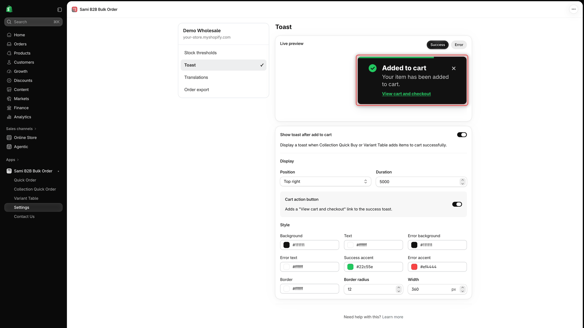 Settings, Toast page with the Live preview card showing a dark success toast with a green check icon, the heading Added to cart, the message Your item has been added to cart. and the View cart and checkout link, above the Show toast after add to cart switch and the Display, Cart action button and Style settings