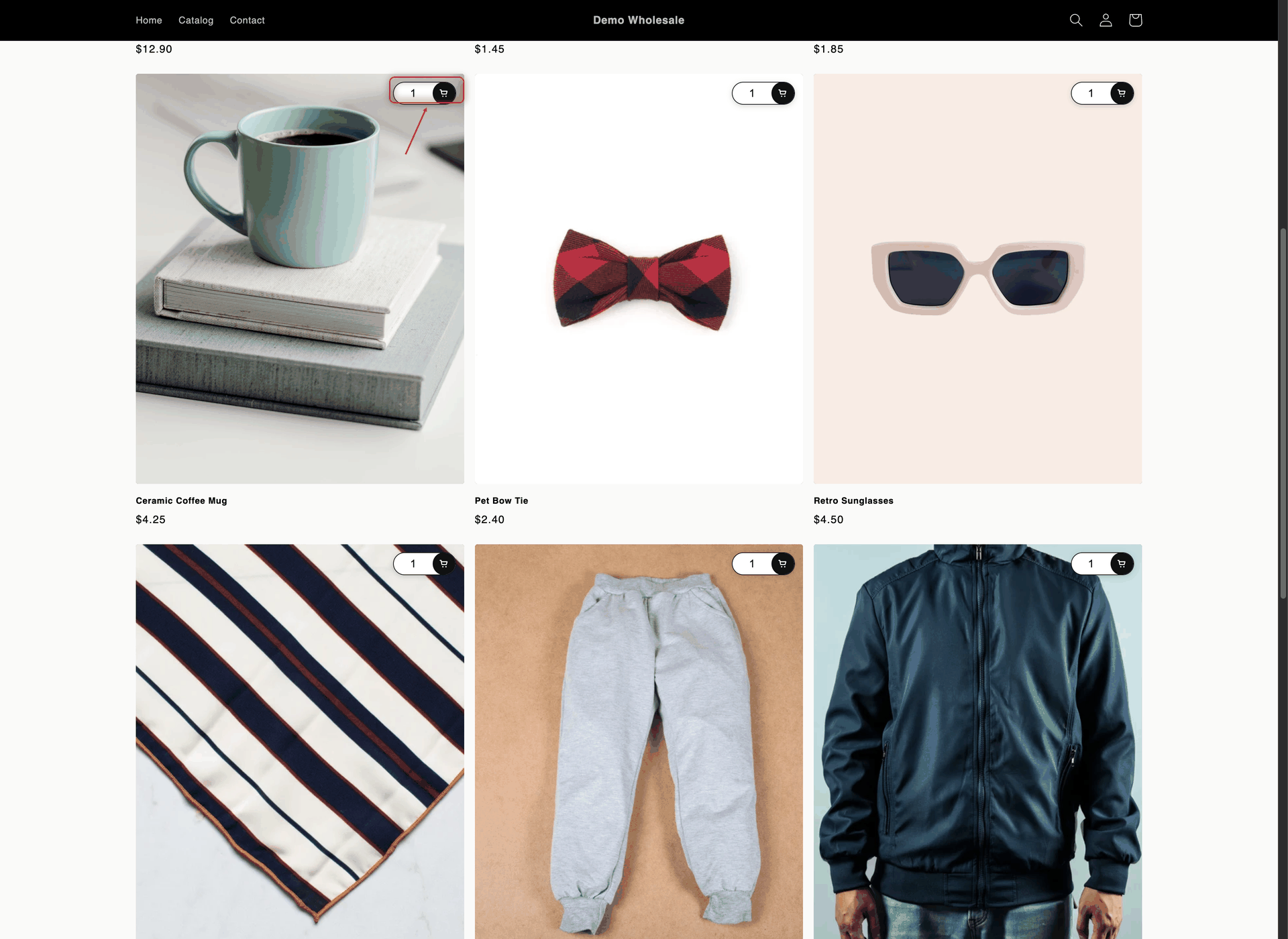 Wholesale Essentials collection page where each product image has a round black cart icon with a quantity box in its top-right corner