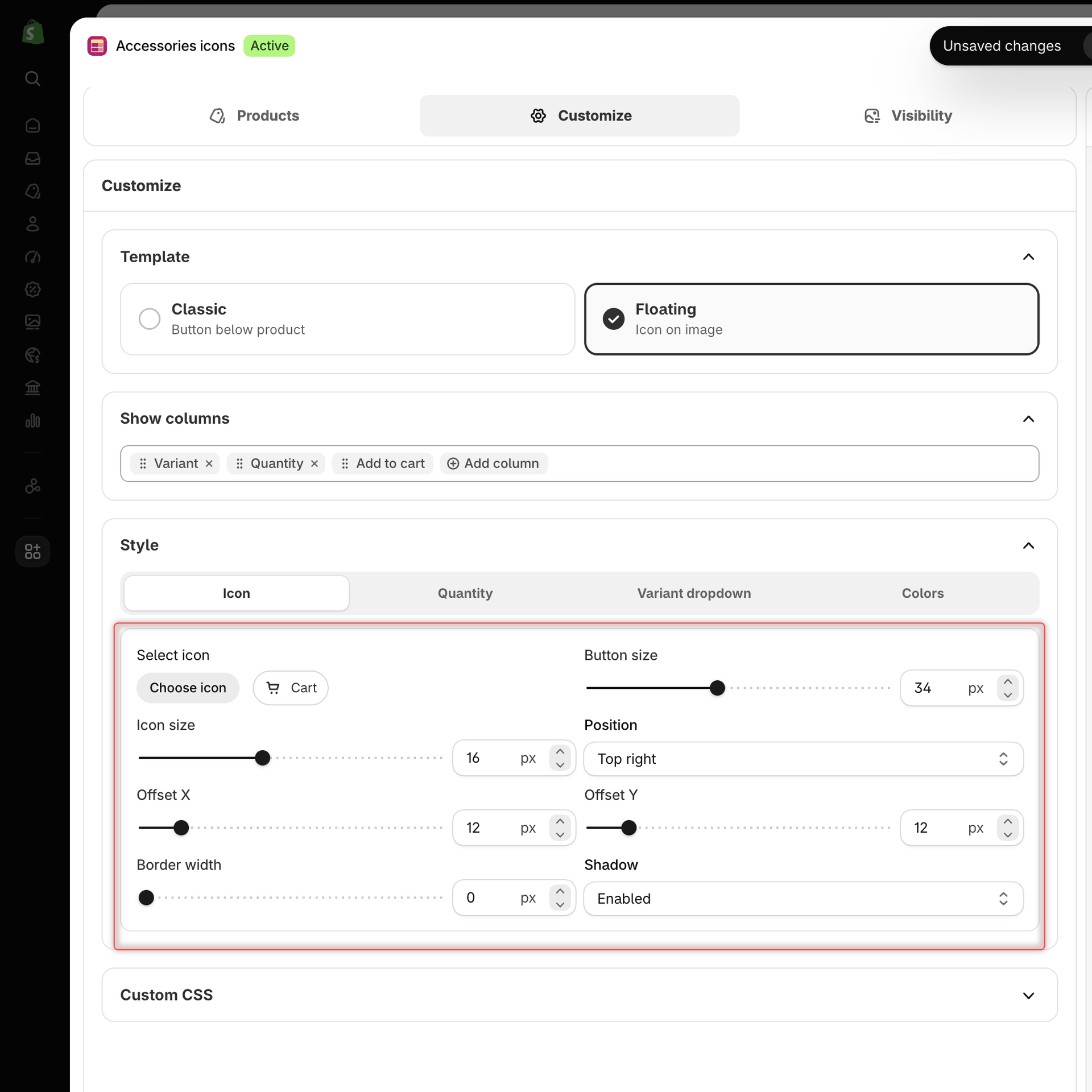 Collection Quick Order builder on the Customize tab with the Floating template selected and the Style section open on the Icon sub-tab showing Select icon, Button size, Icon size, Position, Offset X, Offset Y, Border width and Shadow