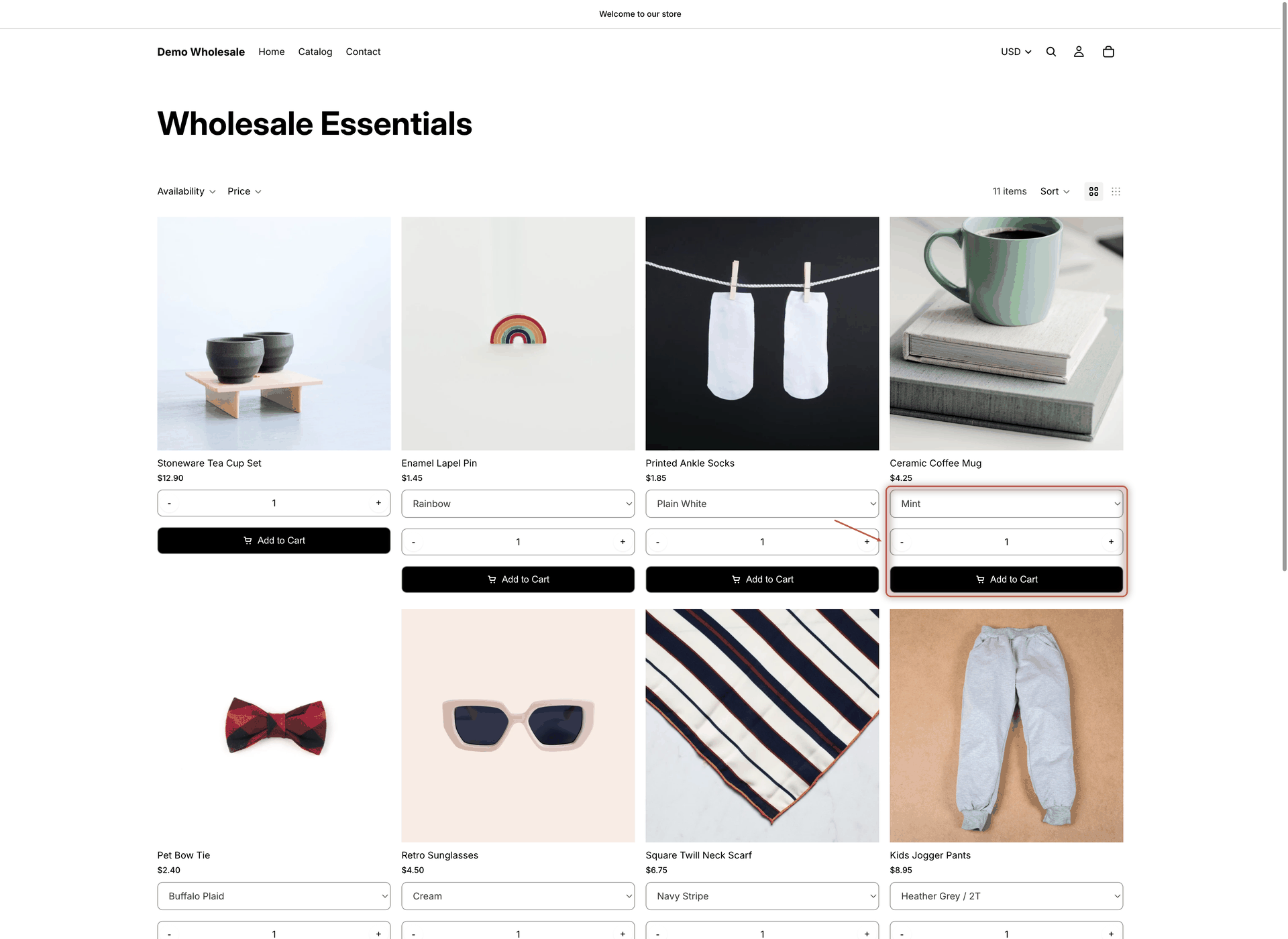 Wholesale Essentials collection page where the product cards show a variant dropdown, a quantity stepper and an Add to Cart button below the price, with no dropdown on the single-variant Stoneware Tea Cup Set