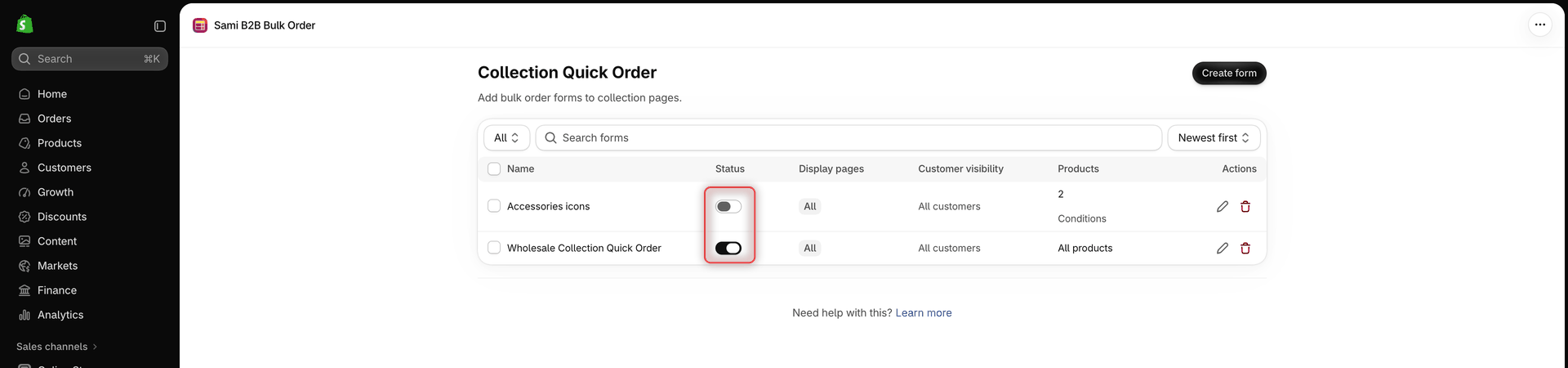 Collection Quick Order list with two forms showing the Name, Status, Display pages, Customer visibility, Products and Actions columns