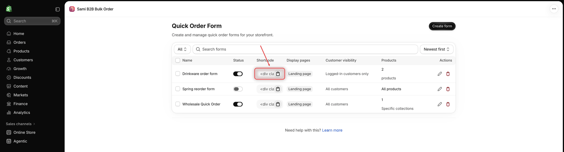 Quick Order Form list with three forms showing the Name, Status, Shortcode, Display pages, Customer visibility, Products and Actions columns