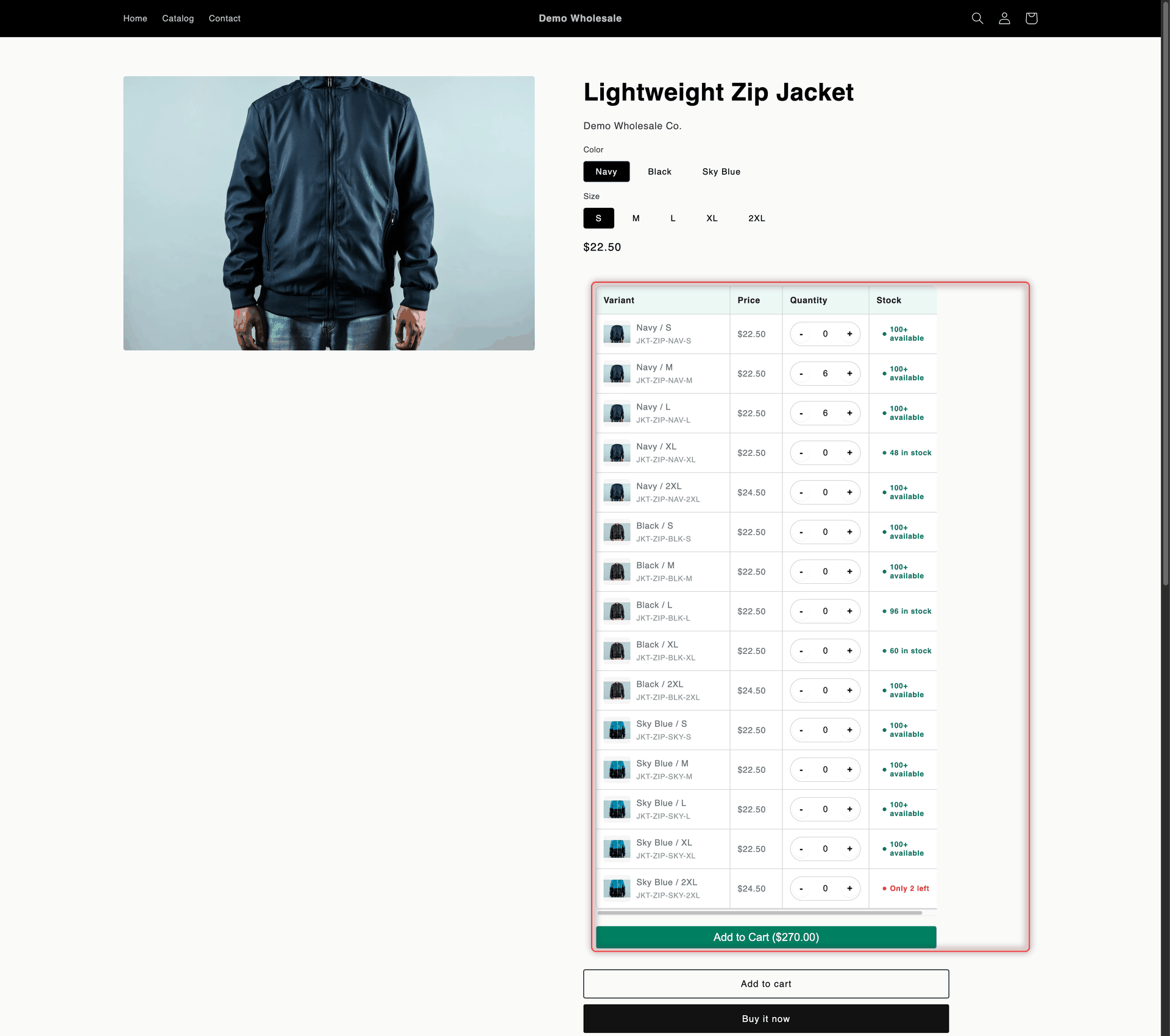 Product page for the Lightweight Zip Jacket with a Variant Table listing each color and size with its SKU, price, quantity stepper and stock label, and an Add to Cart button with the total