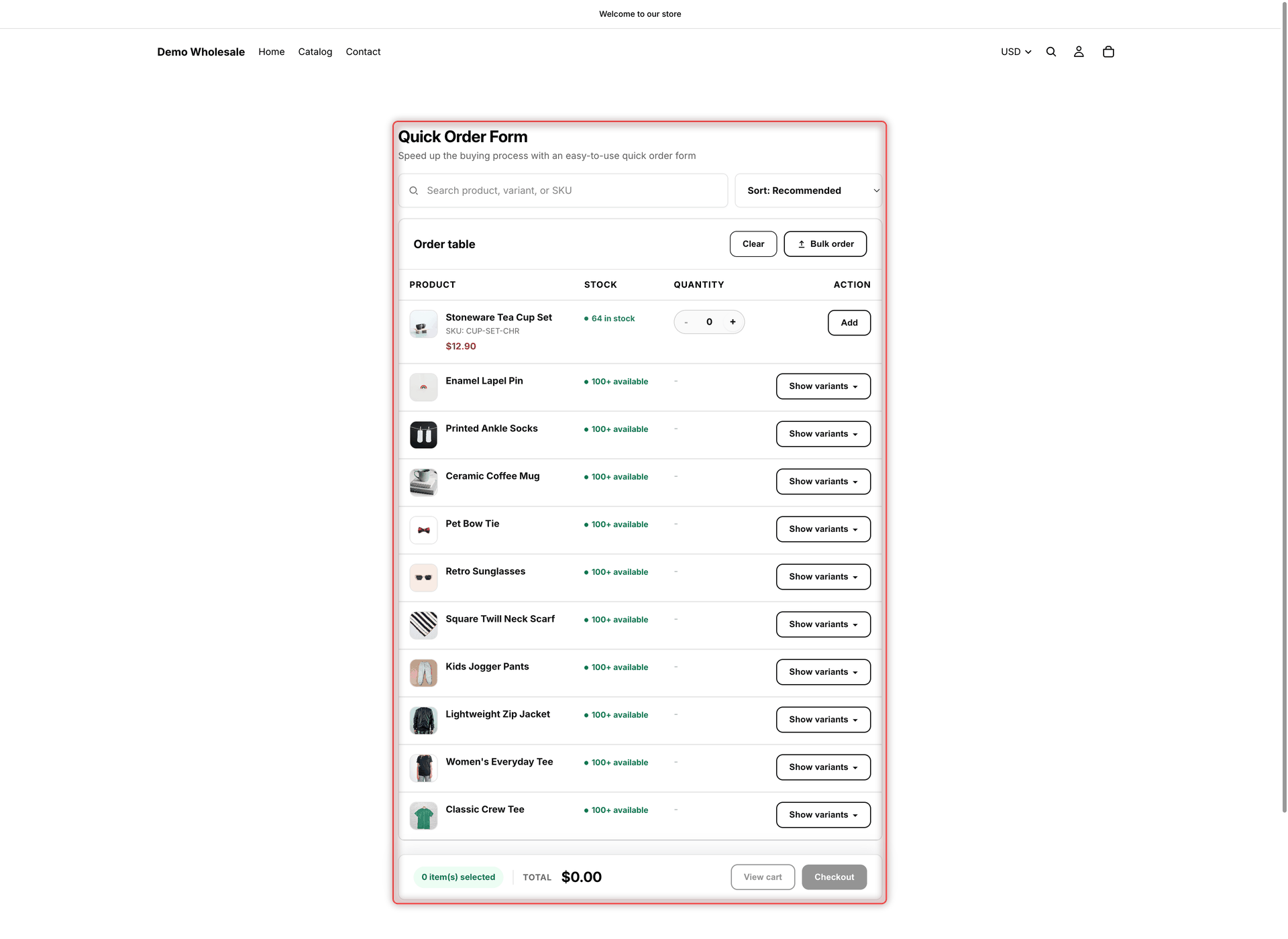 A Quick Order form on a storefront page, with a search box, a sort menu, Clear and Bulk order buttons, product rows with Show variants buttons, one product row with a quantity box and an Add button, and a footer with Total, View cart and Checkout